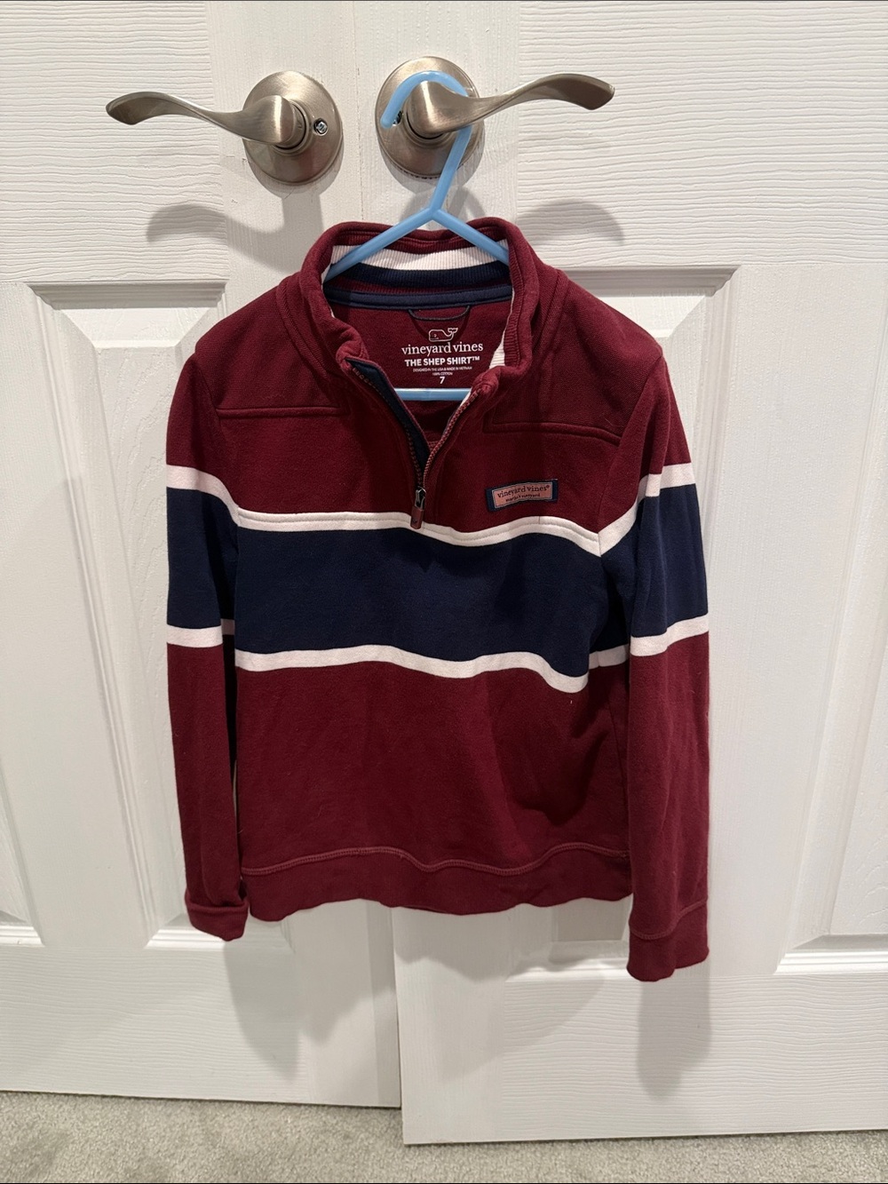 Vineyard Vines Kids Maroon & Navy Striped shep shirt- 7